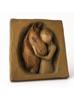 Horse & Girl Relief Plaque Wall Art Sculpture 4"x4" Rustic Brown Finish‎